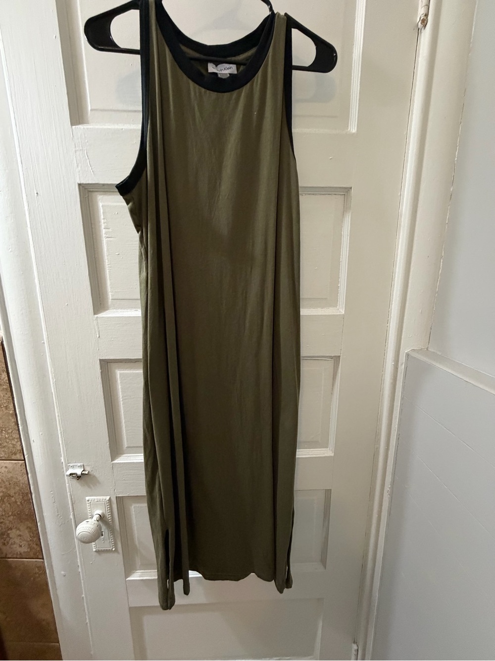 Calvin Klein Olive Green Maxi Dress with Black Trim